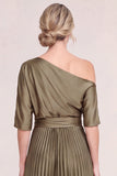 One Shoulder Olive Pleated Satin Mother of the Bride Dress with Half Sleeves