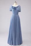 Dusty Blue A Line Pleated Chiffon Mother of the Bride Dress with 3D Flowers