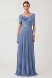 Dusty Blue A Line Pleated Chiffon Mother of the Bride Dress with 3D Flowers