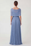 Dusty Blue A Line Pleated Chiffon Mother of the Bride Dress with 3D Flowers