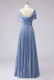 Dusty Blue A Line Pleated Chiffon Mother of the Bride Dress with 3D Flowers