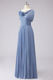 Dusty Blue A Line Pleated Chiffon Mother of the Bride Dress with 3D Flowers