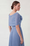 Dusty Blue A Line Pleated Chiffon Mother of the Bride Dress with 3D Flowers