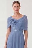 Dusty Blue A Line Pleated Chiffon Mother of the Bride Dress with 3D Flowers