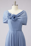 Dusty Blue A Line Pleated Chiffon Mother of the Bride Dress with 3D Flowers