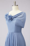 Dusty Blue A Line Pleated Chiffon Mother of the Bride Dress with 3D Flowers