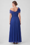 Royal Blue Off the Shoulder A Line Pleated Mother of the Bride Dress with 3D Flowers