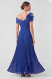 Royal Blue Off the Shoulder A Line Pleated Mother of the Bride Dress with 3D Flowers