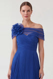Royal Blue Off the Shoulder A Line Pleated Mother of the Bride Dress with 3D Flowers