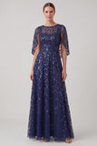 Navy Sequin Embroidered A Line Mother of the Bride Dress with Cape Sleeves