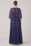 Navy Sequin Embroidered A Line Mother of the Bride Dress with Cape Sleeves