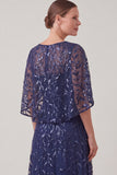 Navy Sequin Embroidered A Line Mother of the Bride Dress with Cape Sleeves