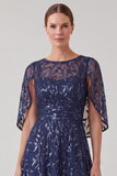 Navy Sequin Embroidered A Line Mother of the Bride Dress with Cape Sleeves