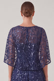 Navy Sequin Embroidered A Line Mother of the Bride Dress with Cape Sleeves