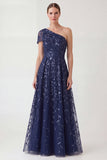 One Shoulder A Line Sequin Embroidered Navy Mother of the Bride Dress