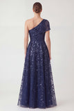 One Shoulder A Line Sequin Embroidered Navy Mother of the Bride Dress