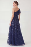 One Shoulder A Line Sequin Embroidered Navy Mother of the Bride Dress