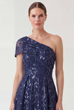 One Shoulder A Line Sequin Embroidered Navy Mother of the Bride Dress