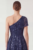 One Shoulder A Line Sequin Embroidered Navy Mother of the Bride Dress