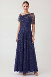 Navy Asymmetrical Neck A Line Sequin Embroidered Mother of the Bride Dress