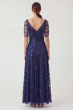Navy Asymmetrical Neck A Line Sequin Embroidered Mother of the Bride Dress