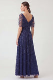 Navy Asymmetrical Neck A Line Sequin Embroidered Mother of the Bride Dress