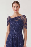 Navy Asymmetrical Neck A Line Sequin Embroidered Mother of the Bride Dress