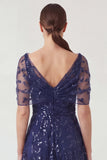 Navy Asymmetrical Neck A Line Sequin Embroidered Mother of the Bride Dress