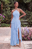 Lilac Halter A Line Pleated Ruffled Bridesmaid Dress with Slit