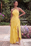 Lilac Halter A Line Pleated Ruffled Bridesmaid Dress with Slit