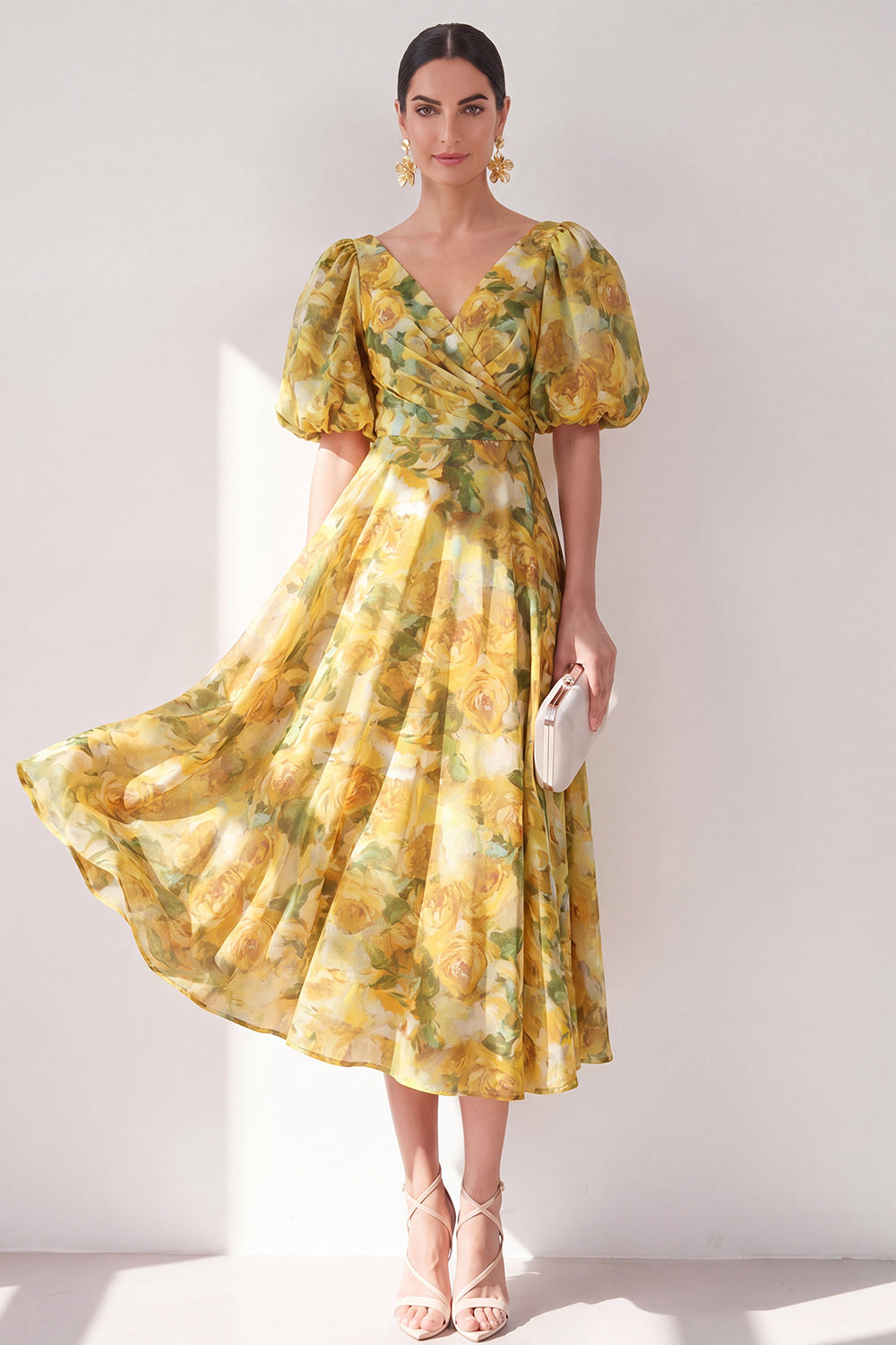 Wedtrend Women Yellow Floral Wedding Guest Dress with Puff Sleeves V Neck Ruched A-Line Midi Party Dress, Yellow / US20W