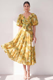 Yellow Floral A Line V Neck Wedding Guest Dress with Puff Sleeves