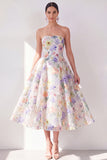 Strapless A Line White Purple Flower Midi Dress