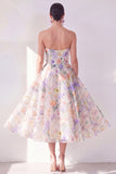 Strapless A Line White Purple Flower Midi Dress