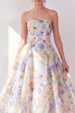 Strapless A Line White Purple Flower Midi Dress