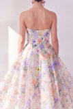 Strapless A Line White Purple Flower Midi Dress