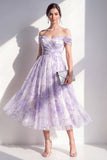 Lilac Floral Off the Shoulder A Line Ruched Midi Wedding Guest Dress