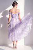 Lilac Floral Off the Shoulder A Line Ruched Midi Wedding Guest Dress