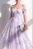 Lilac Floral Off the Shoulder A Line Ruched Midi Wedding Guest Dress