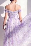 Lilac Floral Off the Shoulder A Line Ruched Midi Wedding Guest Dress