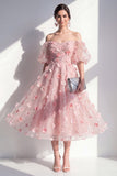 Off the Shoulder Blush Floral Applique Sequin Midi Wedding Guest Dress