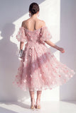 Off the Shoulder Blush Floral Applique Sequin Midi Wedding Guest Dress