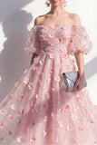 Off the Shoulder Blush Floral Applique Sequin Midi Wedding Guest Dress
