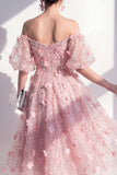 Off the Shoulder Blush Floral Applique Sequin Midi Wedding Guest Dress