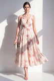Blush Floral A Line V Neck Midi Wedding Guest Dress