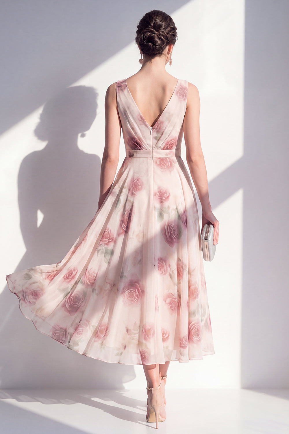 Wedtrend Women Blush Floral Wedding Guest Dress V Neck Chiffon A Line Midi Party Dress, Blush / US4