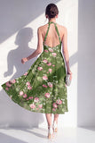 Dark Green Floral Halter A Line Midi Wedding Guest Dress
