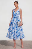 Purple Flower A Line V Neck Wedding Guest Dress with Belt