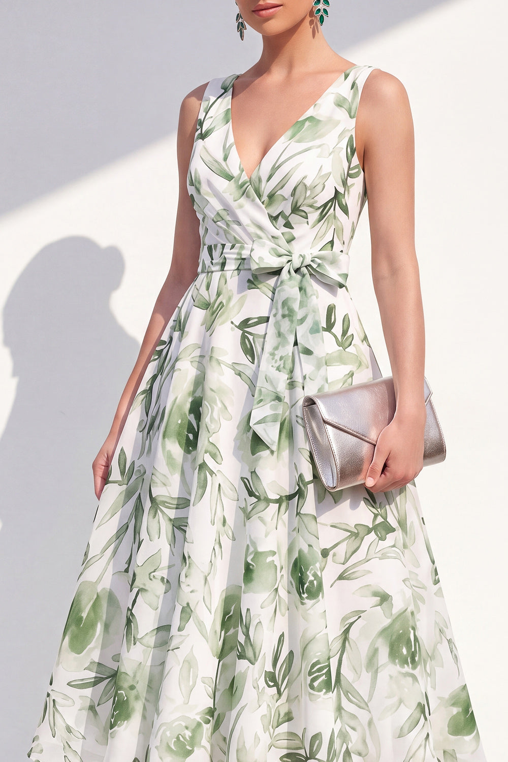 Wedtrend Women Purple Flower Wedding Guest Dress with Belt A Line V Neck Chiffon Midi Party Dress, Green Flower / US10