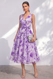 Purple Flower A Line V Neck Wedding Guest Dress with Belt